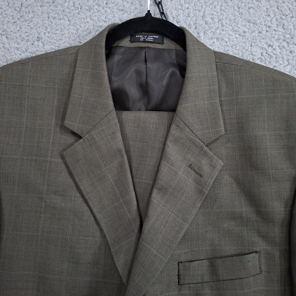 Paulo Solari Athletic Fit Suit‎ 42L Pant 37X35 Two Piece Olive Windowpane Wool
